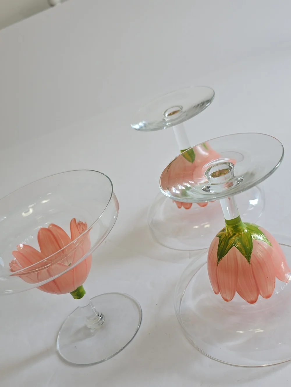 Vintage MCM Tiki Set Of 3 Handpainted Pink Tulip Margarita Stemware Glasses